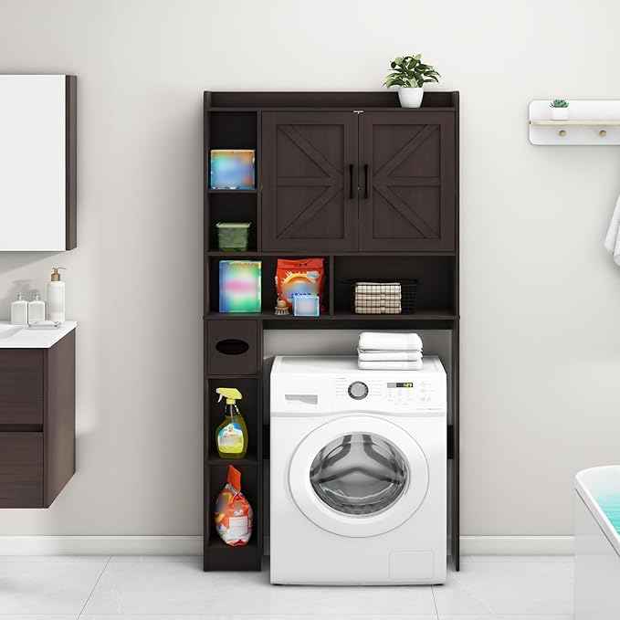 Over The Toilet Storage Cabinet, Farmhouse Storage Cabinet Over Toilet with 2 Barn Door & Toilet Paper Holder Stand, Home Space-Saving Toilet Rack, for Bathroom, Restroom (Black)