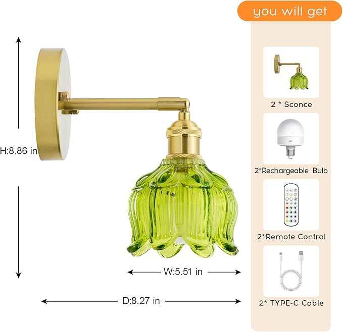 PASSICA DECOR Vintage Battery Operated Wall Sconces Set of 2 - Wireless Remote Control LED Wall Lights, Rechargeable USB-C, Dimmable 15 Colors, No Wiring, Green Glass Shade for Bedroom Kitchen Cafe