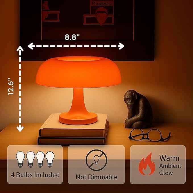 Orange Mushroom Lamp with 4 Replacable Bulbs– Retro Mid-Century Modern Mushroom Light for Bedroom, Nightstand or Desk