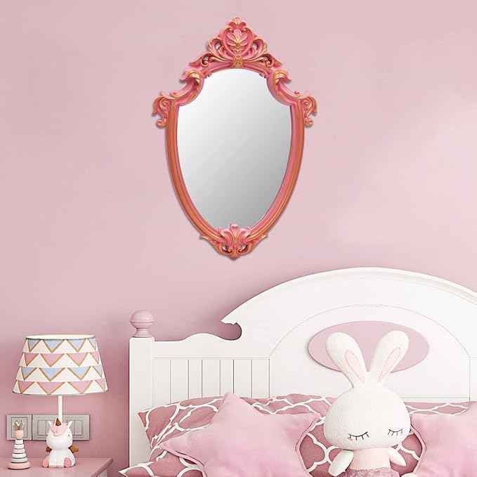 Eaoundm 16.5 x 11 inch Vintage Mirror Antique Mirror Decorative Wall Mirror Shield Shape (Pink)