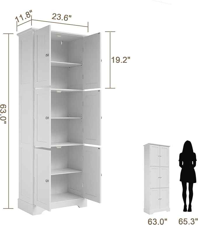 ChooChoo Tall Bathroom Storage Cabinet with 6 Doors, Freestanding Floor Cabinet with Adjustable Shelves, White Pantry Cabinet for Bathroom, Kitchen, Laundry Room