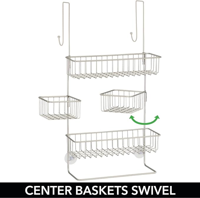 mDesign Steel Over The Door Shower Caddy - Hanging Shower Organizer Rack w/ 4 Baskets, 2 Hooks - in-Shower Hanging Caddy for Bathroom - Over Door Shower Caddy Hanger - Klypon Collection - Matte Satin