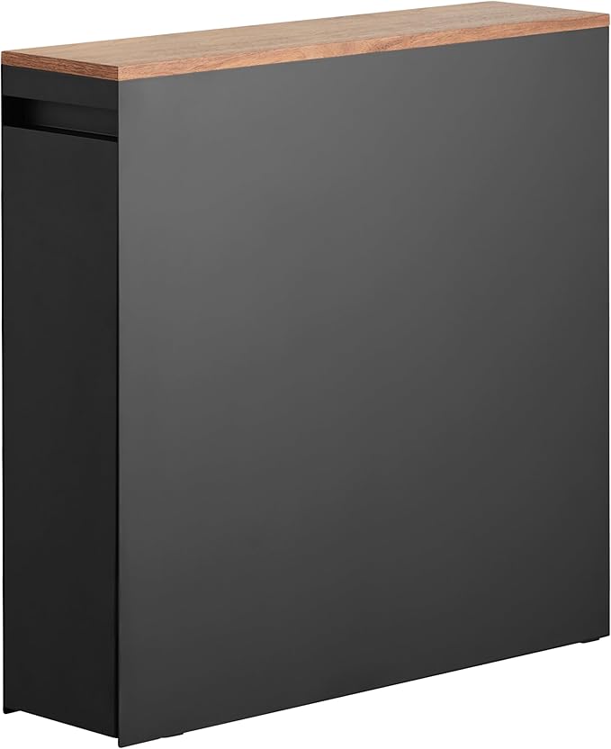 Yamazaki Home Pull-Out Bathroom Storage Cabinet – Slim Bathroom Storage Cabinet with Wood Top, Steel Organizer for Toilet Paper and Cleaning Supplies, Modern Space-Saving Design, Black - Steel + Wood