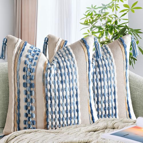 Set of 2 Chenille Striped Textured Boho Throw Pillow Covers Aesthetic with Tassels Woven Decorative Pillow Case for Couch Bed Sofa Bedroom Modern Funky 18 x 18 (2 Count)