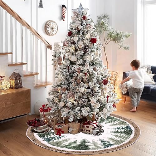 Christmas Tree Skirt 48 Inch Pine Trees Snowy Forest Christmas Tree Skirt Collar for Farmhouse Vintage Rustic Merry Christmas Xmas Winter Holiday Party Decoration