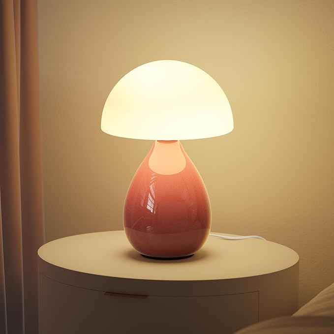 Mushroom Lamp, Vintage Small Table Lamp for Bedroom, Ice Crack Ceramic LED Night Light for Kids, Mid Century Modern Bedside Lamp for Nightstand, Living Room, Home Decor Gift Ideas for Women, Pink