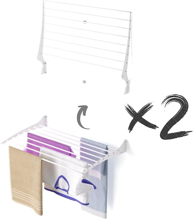 foxydry Fold, Wall Drying Rack, Vertical Drying Rack for Indoor and Outdoor Aluminium and Steel (White - Closing Up, 2X Fold 80)