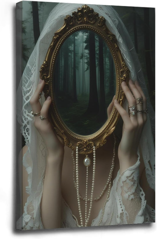 Mirror face covering dark art poster print melancholy gothic painting vintage feminine print victorian style decoration antique art28x40in Wood Framed