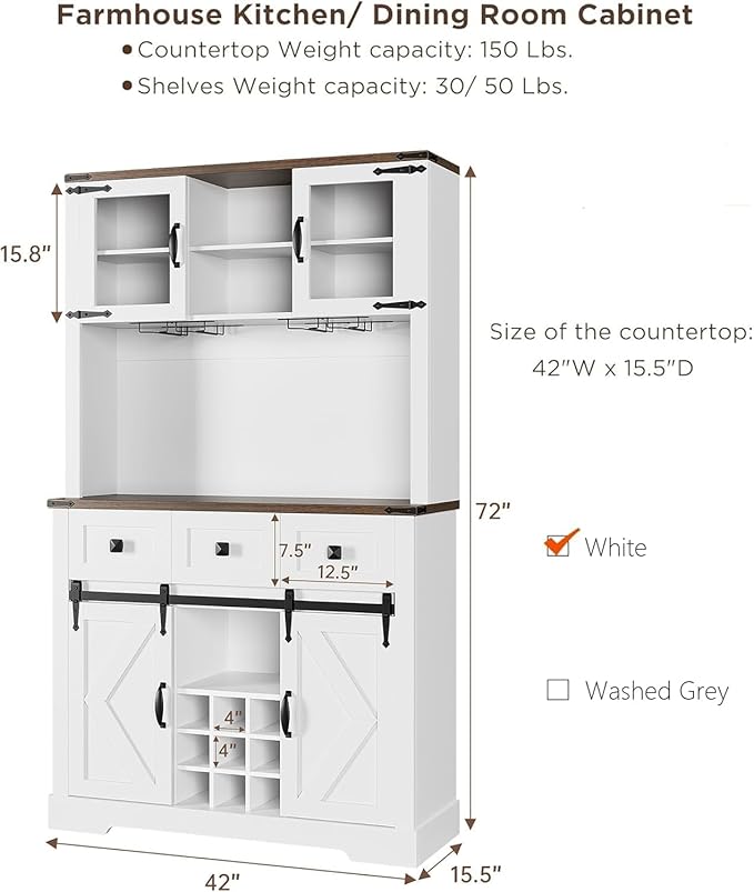 72 in Farmhouse Bar Cabinet with Sliding Barn Door, Tall Kitchen Buffet with Storage Hutch and 3 Drawer, Rustic Coffee Wine Bar Sideboard with Wine & Glasses Rack, for Living Room, Pure White