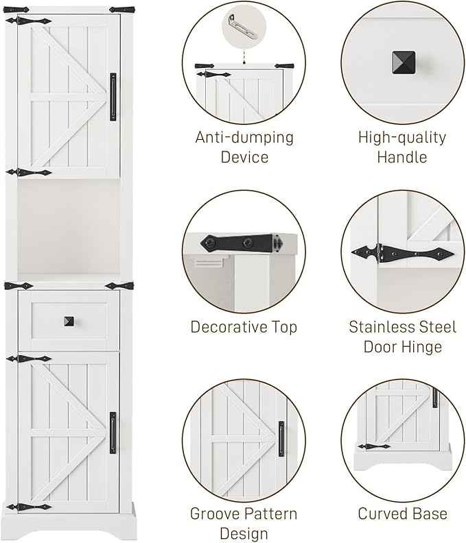 66" Tall Farmhouse Bathroom Storage Cabinet with Barn Doors and Drawer, Narrow Storage Unit, Adjustable Shelves & 5-Tier Space, Freestanding Cabinet for Bathroom, Living Room, Kitchen,Cream White