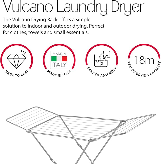 Metaltex Vulcano Laundry Dryer - Compact Metal Indoor and Outdoor Laundry Drying Rack - Perfect for Clothes and Small Home Essentials - Silver, 55 x 180 x 100 Centimetres