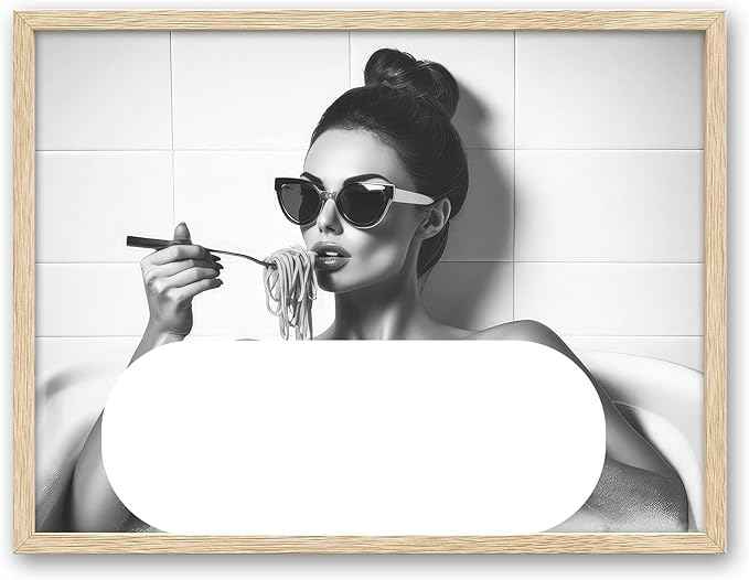 iHery Natural OAK Wood Framed Woman Eating Spaghetti in Bathtub Wall Art, 12x16in Beige Frame Woman Eating Pasta Canvas Print, Black and White Bathroom Poster, Retro Decor Set of 1