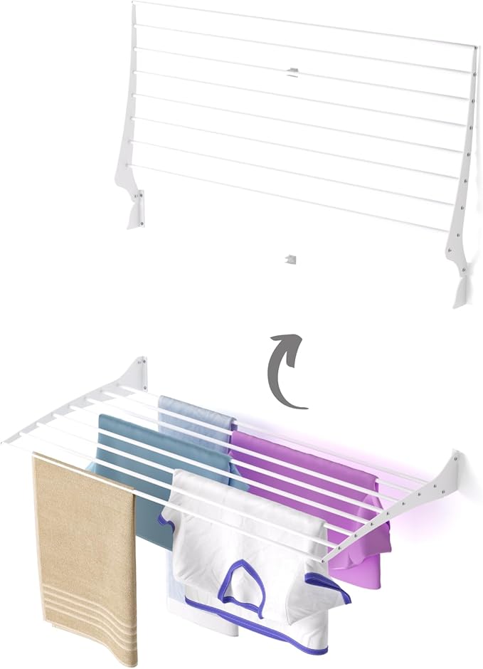 foxydry Fold, Wall Drying Rack, Vertical Drying Rack for Indoor and Outdoor Aluminium and Steel (White - Closing Up, 100 cm / 39.37 in)
