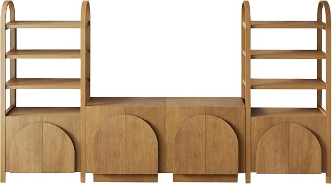 Nathan James Iris Sideboard and Bookcase Set, Mid-Century Modern Solid Wood Storage Unit with Arched Doors, 2 Cabinets and 2 Bookshelves with Cabinet, Light Brown