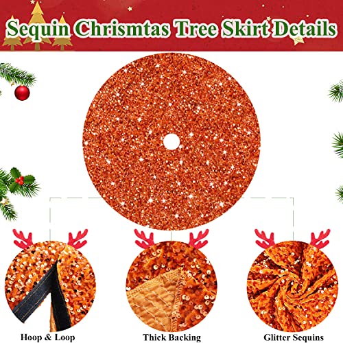 46 Inch Christmas Tree Skirt Sequins Burnt Orange Xmas Tree Skirt Soft Velvet Christmas Tree Skirts Christmas Tree Ornaments for Halloween Round Fabric Tree Cover Skirt Sequin Metal Tree Base