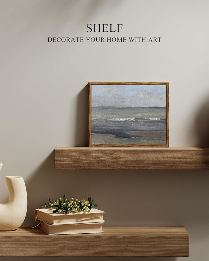InSimSea Framed Canvas Print Art, Vintage Coastal Beach Landscape Painting, Rustic Farmhouse Cottage Decor for Hallway Wall Floating Shelf Desk Vanity Fireplace,10x8in, Neutral Tones