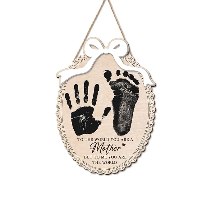 DIY Mothers Day Handprint Craft Wooden Hanging Sign, Baby's First Mothers Day Handprint Keepsake Gift with Bow, 1st New Mom Crafts Birthday Gift from Kids Activity, To The World You Are A Mother - Bow
