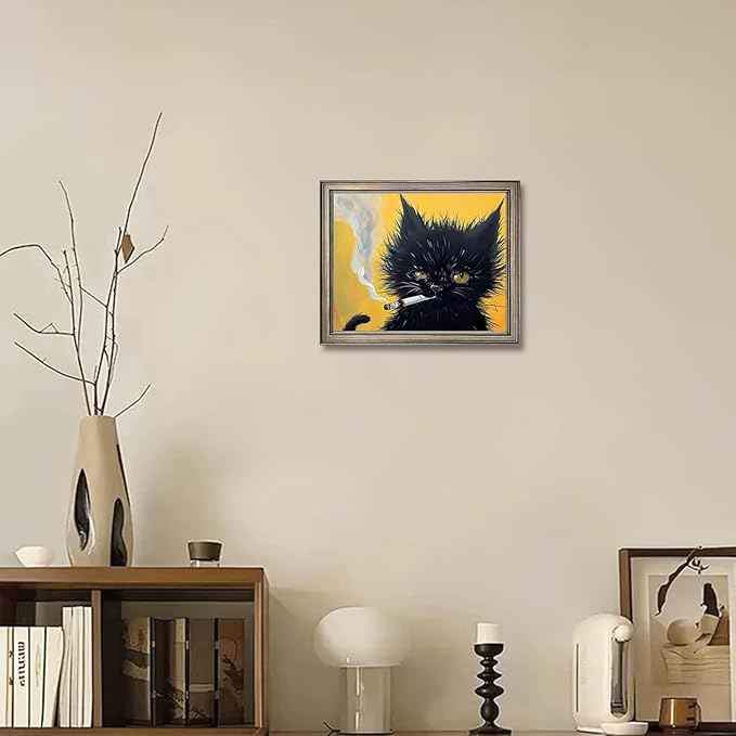 Vintage Framed Wall Decor Black Cat Painting Cat Portrait Wall Art Canvas Print Poster for Mens Room Bathroom Decor