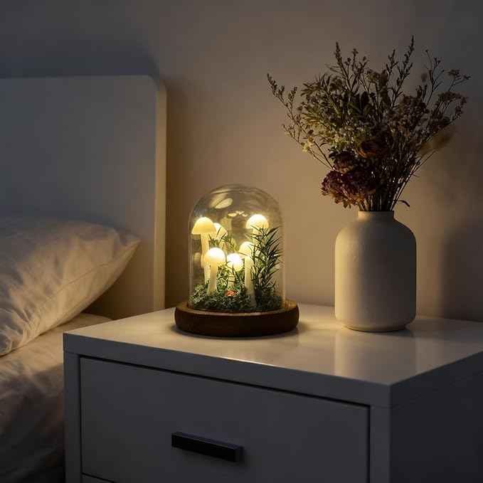 White Mushroom Lamp, Decor LED Light in Glass Dome with Base for Home Bedroom Decor, Birthday Valentines Anniversaries Gifts Box(White)