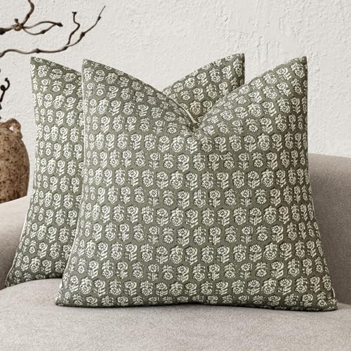 Decorative Floral Print Throw Pillow Covers 24×24 Sage Green (2 Count)