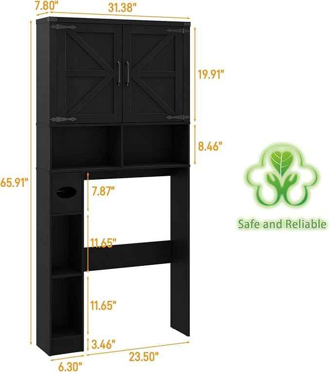 Vabches Over The Toilet Storage Cabinet, Farmhouse Storage Cabinet Over Toilet with 2 Barn Doors && Toilet Paper Holder Stand，Home Space-Saving Toilet Rack, for Laundry, Restroom, Bathroom.Pure Black