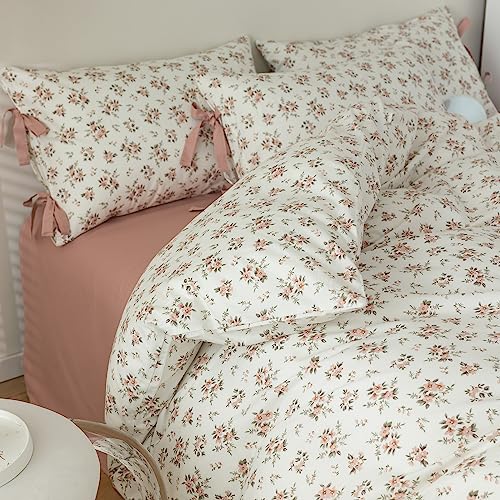 Blush Pink Floral Comforter Set Twin XL Vintage Garden Flower Bedding Comforter Girls Botanical Comforter with 2 Bow Ties Pillowcases Fluffy Cottagecore Comforter Set for All Seasons