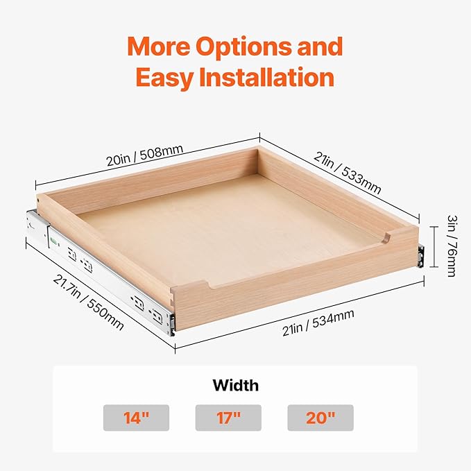 VEVOR Pull Out Cabinet Organizer, 20"W x 21"D Cabinet Drawer, Soft Close Slide out Shelf, Heavy-Duty Sliding Wood Drawer, Bottom and Side Assembly Base Cabinet Organization for Kitchen Pantry Bathroom
