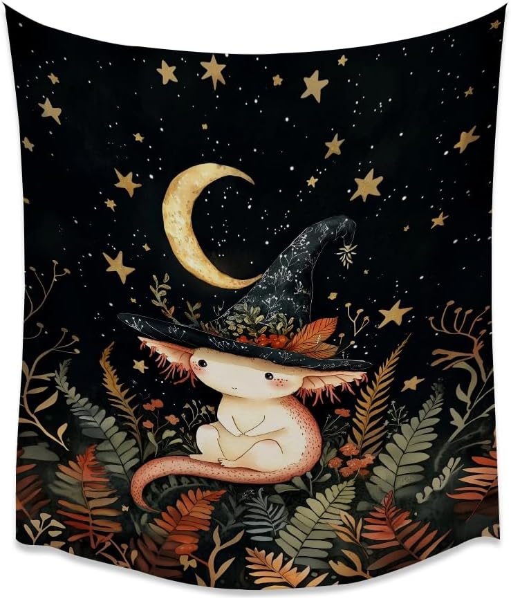 Whimsical Witch Tapestry Wall Hanging Decor Cute Axolotl Tapestry Magical Moon Animal Nursery Decoration Halloween Tapestries wall art for Home Kids Bedroom Living Room 60x80inch