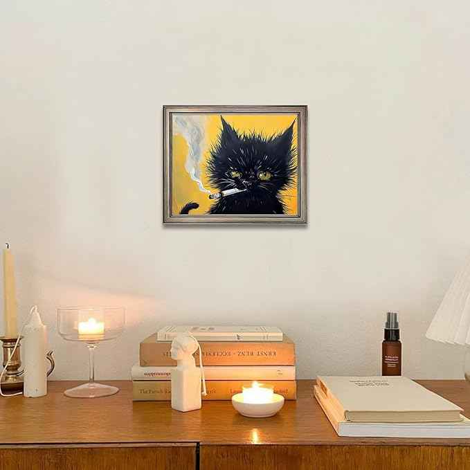 Vintage Framed Wall Decor Black Cat Painting Cat Portrait Wall Art Canvas Print Poster for Mens Room Bathroom Decor