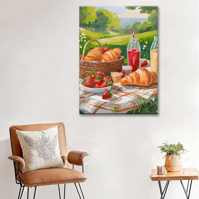 Paint by Numbers Kit for Adults Framed, Summer Picnic with Croissants and Strawberries, DIY Oil Painting, Pre-Printed Canvas Wall Art Home Decor Gift, 20x24inch Framed, 24 Colors