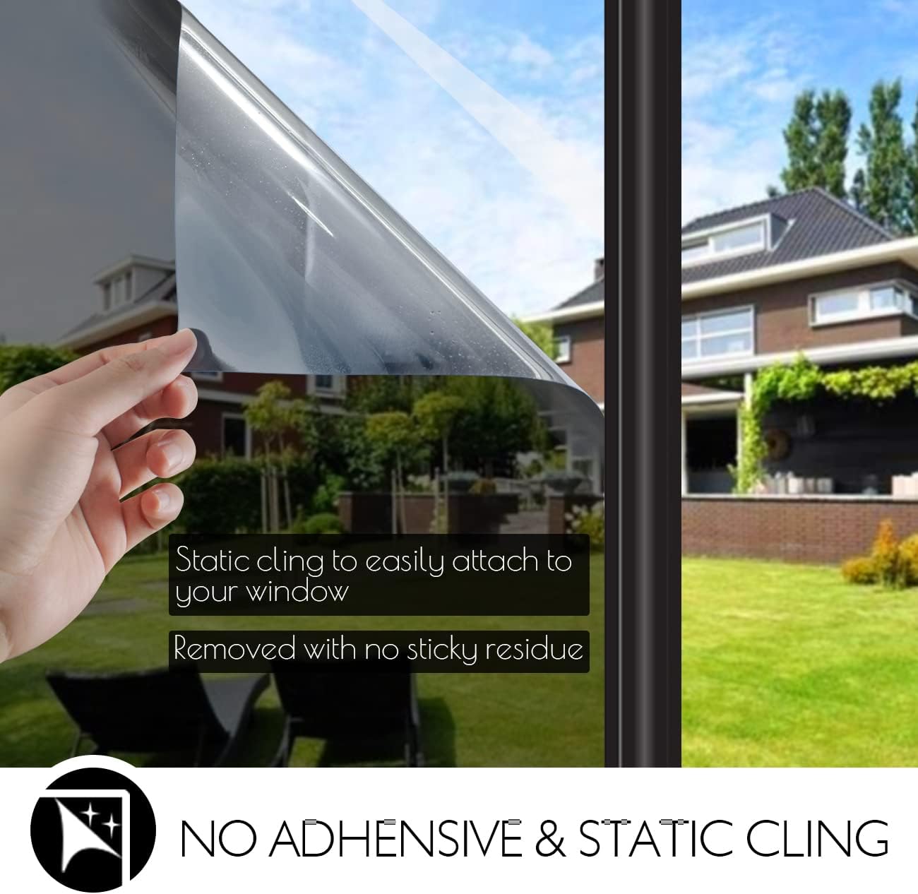 HIDBEA One Way Privacy Window Film, Daytime Mirror Reflective Heat Control UV Sun Blocking Non-Adhesive Static Cling Window Tint for Home and Office (Black-Silver, 35.4 Inch x 16.4 Feet)