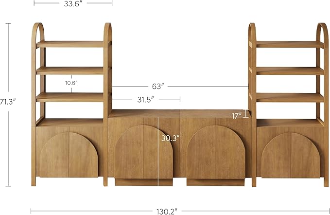 Nathan James Iris Sideboard and Bookcase Set, Mid-Century Modern Solid Wood Storage Unit with Arched Doors, 2 Cabinets and 2 Bookshelves with Cabinet, Light Brown