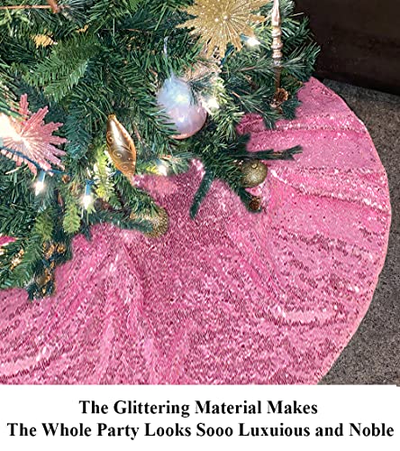 48in Fuchsia Pink Sequin Tree Skirt Glitter Colorful Christmas Skirts for Halloween Holiday Celebration Supplies