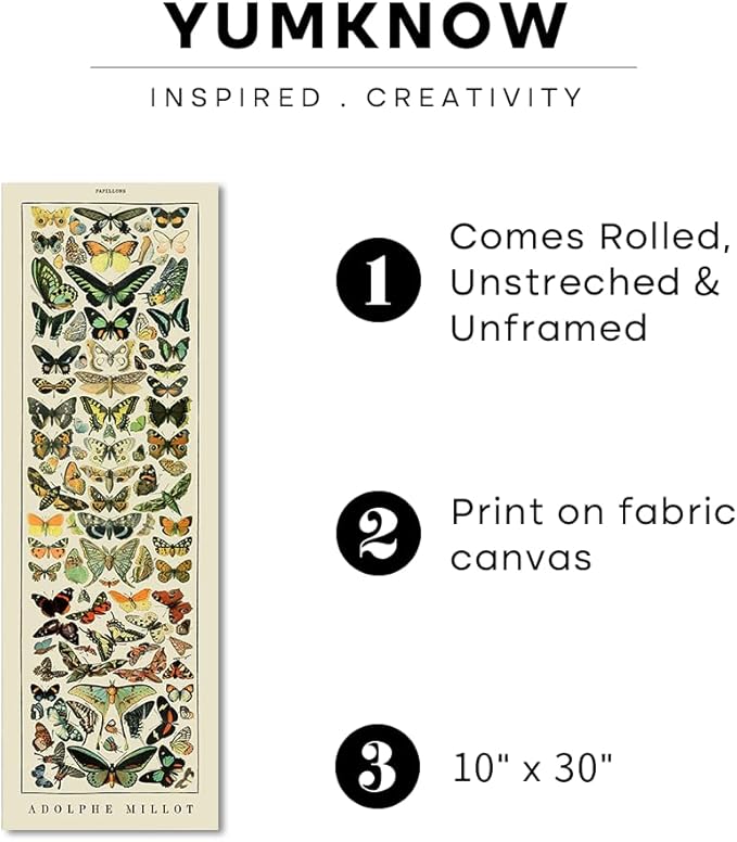 Vintage Farmhouse French Country Bedroom Wall Decor Above Bed - 10x30" - Vertical Wall Art Over the Bed - Panoramic Butterfly Pictures Sign - Canvas Oil Painting Long Narrow Millot Papillons Wall Art