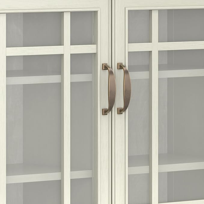 SIMPLIHOME Connaught Storage Cabinet - 46 inch Wide Solid Wood Tall Cabinet in Antique White, Traditional Console for Living Room or Dining Room with Glass Doors, Adjustable Shelves, and Drawers