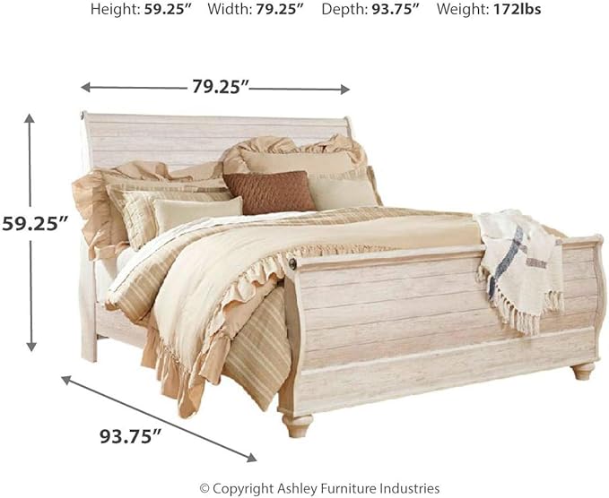 Signature Design by Ashley Willowton Cottage Farmhouse Sleigh Headboard ONLY, King, Whitewash