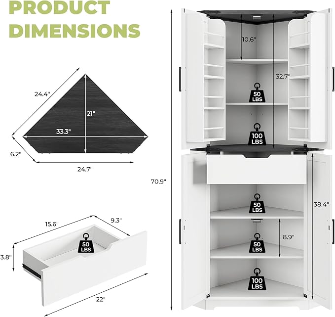 Dripex 71" Corner Cabinet White, Farmhouse Kitchen Pantry Cabinet with Doors Storage & Adjustable Shelves, Tall Corner Storage Cabinet with LED Light, Food Pantry for Living Room, Dining Room