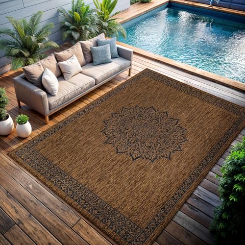 Outdoor Rug 5x7 Medallion Gold Modern Area Rugs for Indoor and Outdoor Patios Kitchen and Hallway Mats Washable Porch Deck Outside Carpet (35 Sq Ft)