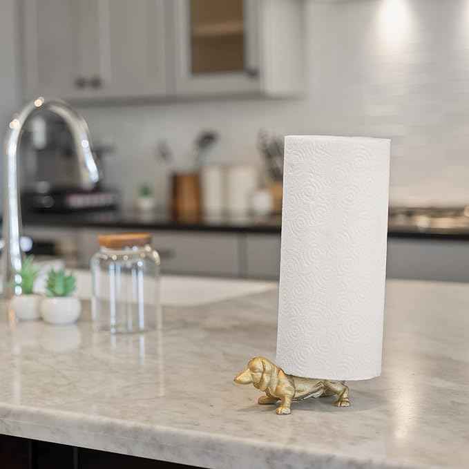 WallCharmers Gold Paper Towel Holder, Metal Toilet or Kitchen Paper Holder for Floor or Countertop, Gold Dog