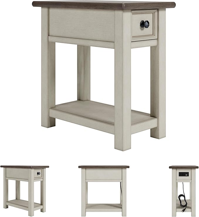 Signature Design by Ashley Bolanburg Chair Side End Table , USB Charging Ports, Drawer, Oak Wood, 14" W x 24.13" D x 24.13" H, 2-Tone Light Brown & Whitewash
