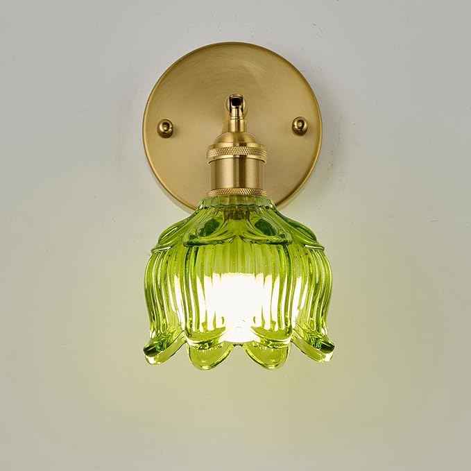 PASSICA DECOR Vintage Battery Operated Wall Sconces Set of 2 - Wireless Remote Control LED Wall Lights, Rechargeable USB-C, Dimmable 15 Colors, No Wiring, Green Glass Shade for Bedroom Kitchen Cafe