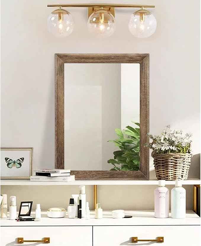 AAZZKANG Rustic Wood Mirror Rectangle Decorative Wall Mirrors with Frame Large 20"x16"for Bedroom Living Room Bathroom Entryway Hanging Brown