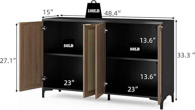 Sideboard Buffet Cabinet with Storage, 4 Doors Rattan Kitchen Cabinet with Adjustable Shelf, Accent Sideboard Entryway Table for Living Room, Black