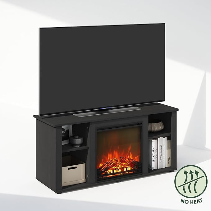 Furinno Jensen Fireplace TV Stand, NO Heat Decorative Electric Fireplace TV Stand for TV up to 55 Inch, with Open Storage, for Living Room, Americano