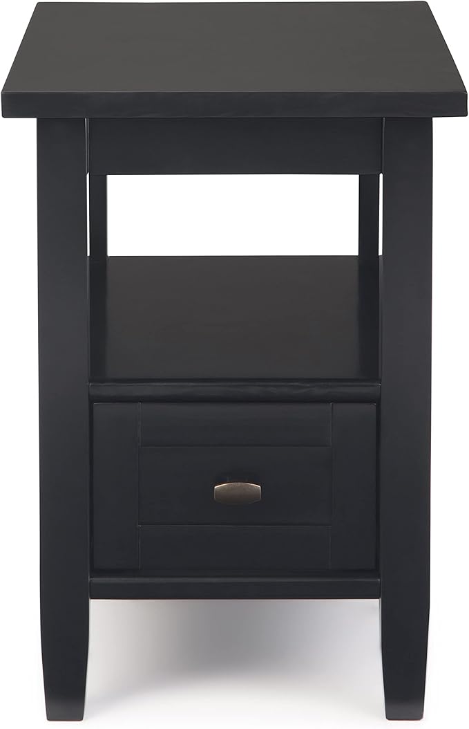 SIMPLIHOME Warm Shaker End Table - 14 inch Wide Solid Wood Narrow Side Table in Black, Transitional Accent Table for Living Room or Bedroom with Drawer, Open Shelf and Square Tapered Legs