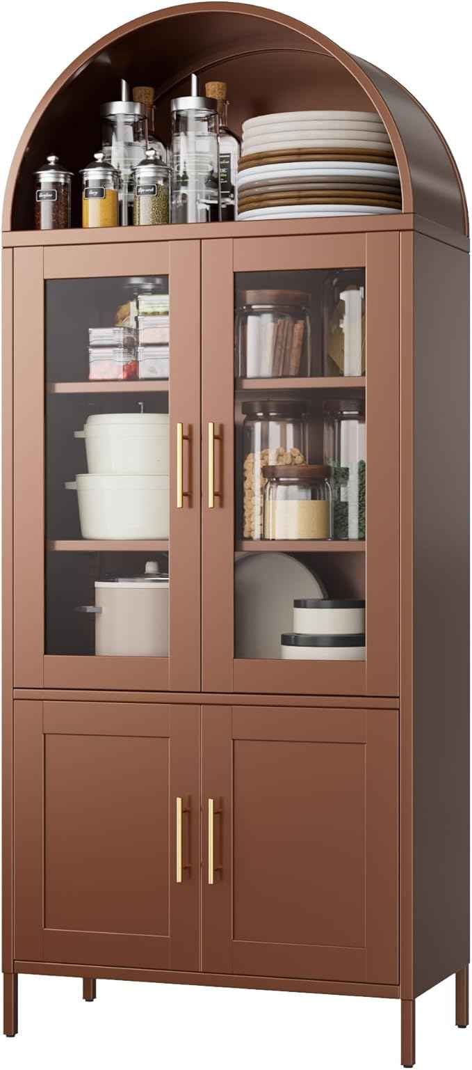 Metal Arched Bookcase Cabinet with 4 Doors,Arched Kitchen Pantry Cabinet for Home Office Living Room,Required Assembly,Brown