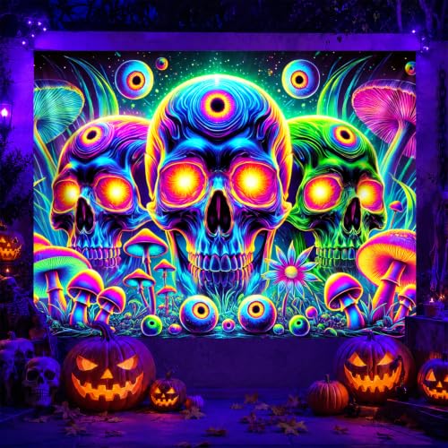 Blacklight Tapestry Skull Meditation Neon Decor 78 x 59 Inch
