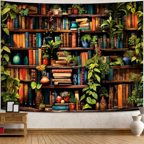 Botanical Bookshelf Tapestry Lush Green Plant Book Shelf Tapestries Wall Hanging Art Vintage Retro Potted Plants Academics Small Library Tapestry for Bedroom Living Room Dorm 60 x 44 inch