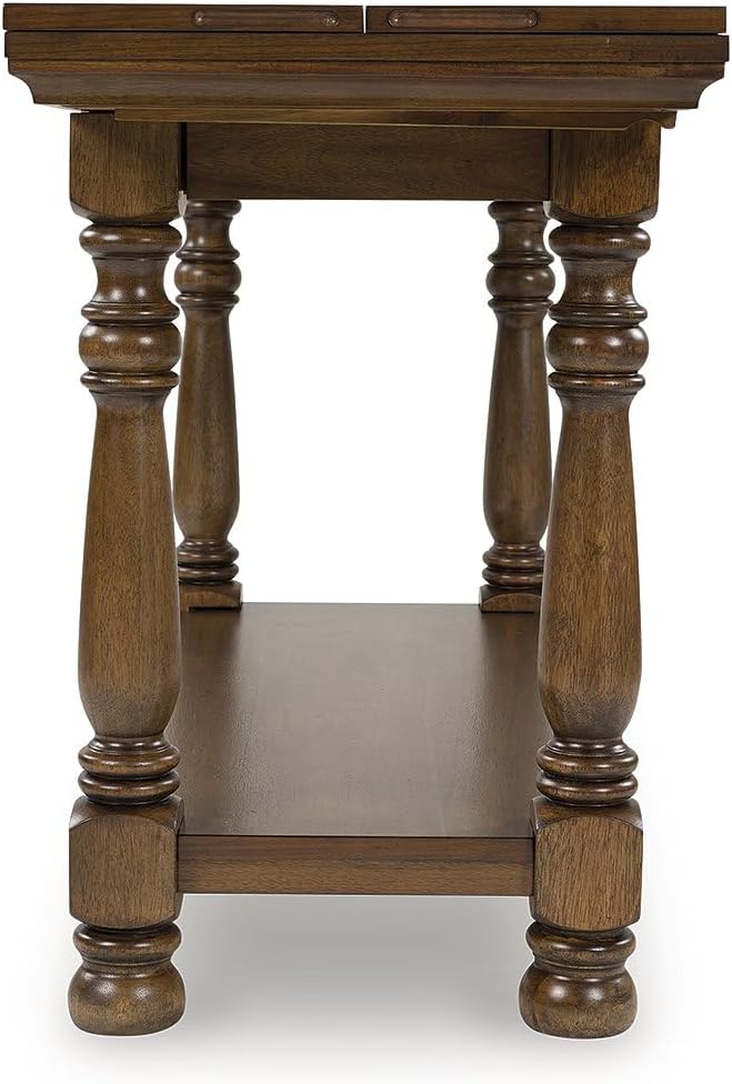 Signature Design by Ashley Sturlayne Transitional Expandable Flip Top Sofa Table with Lower Shelf and Turned Leg, Dark Brown