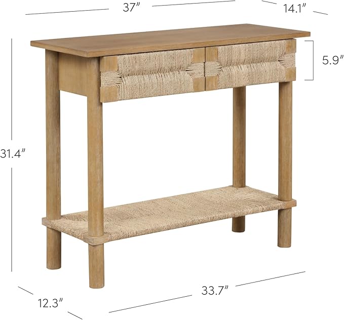 Nathan James Beacon Wooden Sofa Console Table with Drawers, Bohemian Entryway Table, Hallway Table with Seagrass Shelf, Light Brown